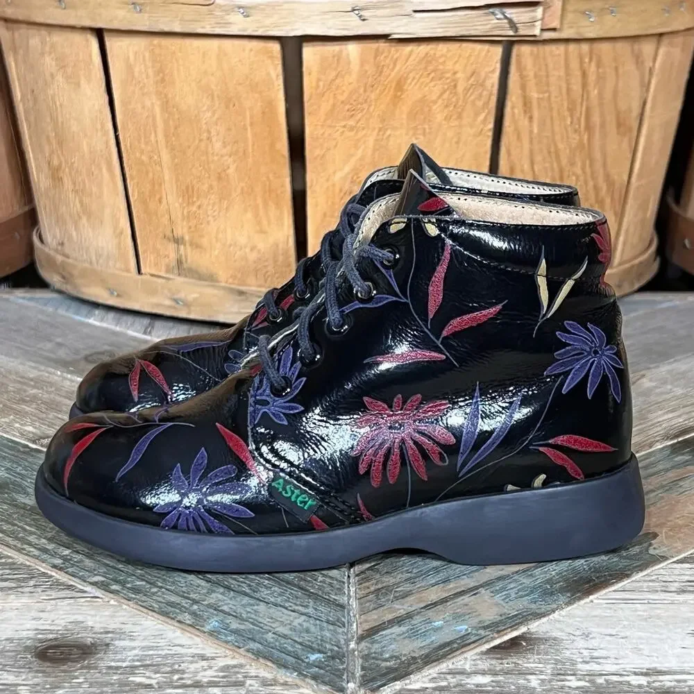 Aster Black Patent Leather Floral Flowers Multicolor Lace-Up Boots Youth EU 29